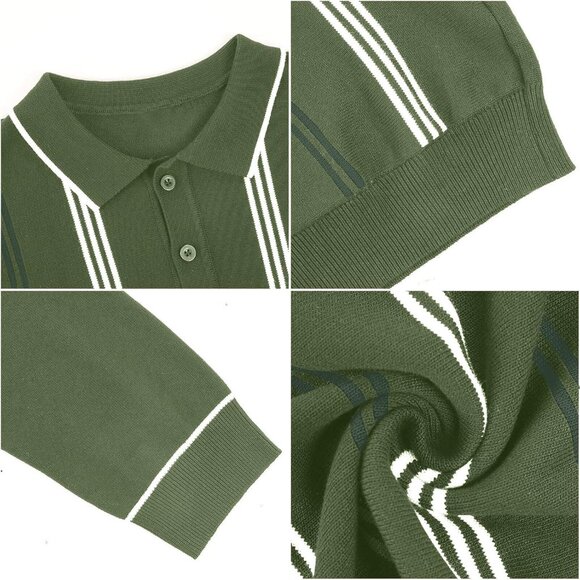 Men's Knit Polo Sweater Long Sleeve Striped Thermal Button Collar Sweater Green - Picture 4 of 7